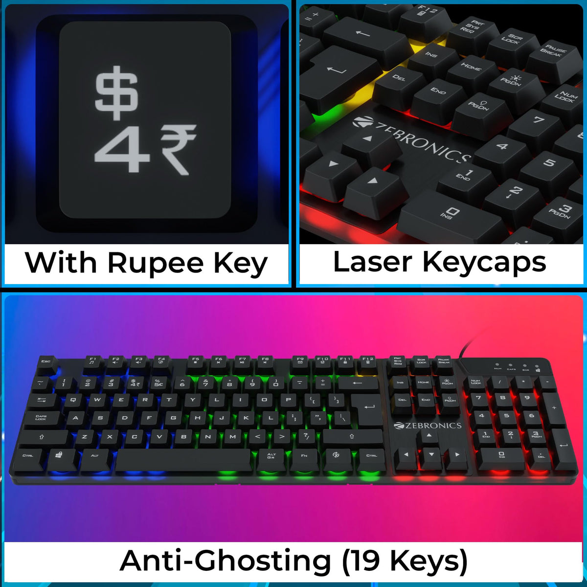 ZEBRONICS Optimus Gaming Keyboard & Mouse Combo, Braided Cable, Gold Plated USB, Upto 3600 DPI, 6 Buttons, High Resolution Sensor, Multicolor LED, Dedicated Macro Keys, 117 Keys (White)