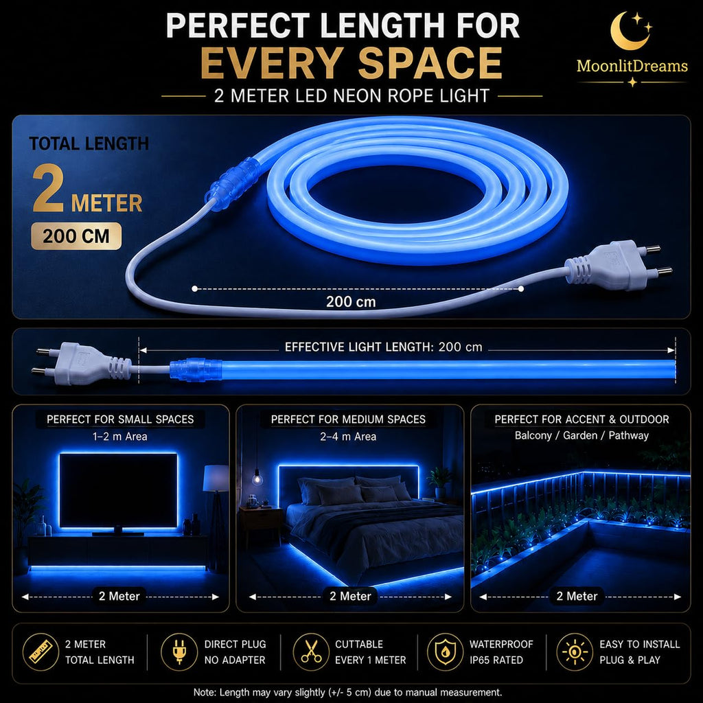 MoonlitDreams 2M Neon LED Strip Light 240 LEDs (120 LED/M) – 10mm Thick, 2X Bright, Direct Plug 220V No Adapter, Waterproof Flexible Rope Light for Home, Bedroom, Room Decor, DIY & Party (Warm White)