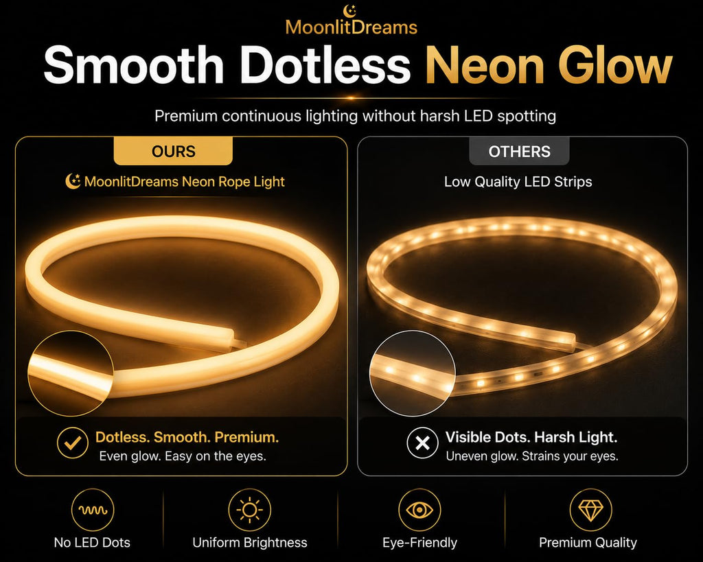 MoonlitDreams 2M Neon LED Strip Light 240 LEDs (120 LED/M) – 10mm Thick, 2X Bright, Direct Plug 220V No Adapter, Waterproof Flexible Rope Light for Home, Bedroom, Room Decor, DIY & Party (Warm White)