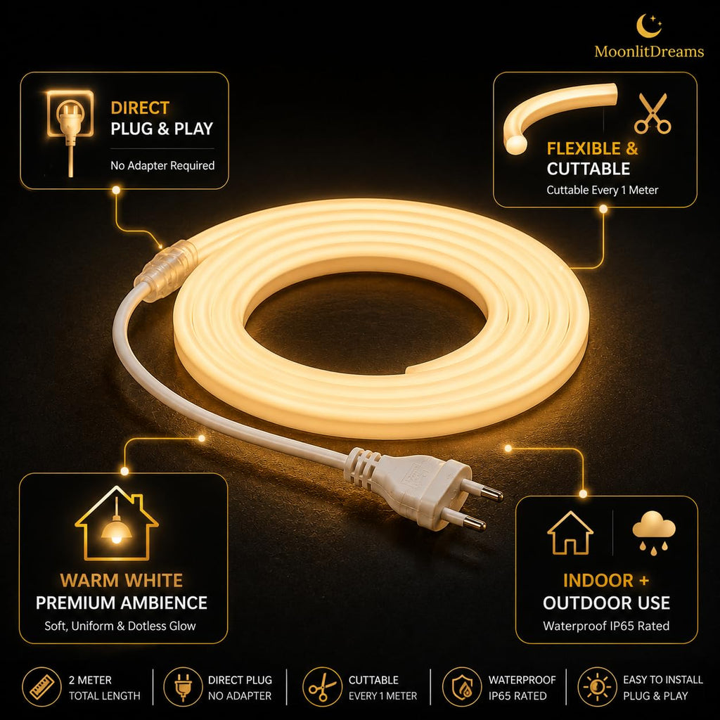 MoonlitDreams 2M Neon LED Strip Light 240 LEDs (120 LED/M) – 10mm Thick, 2X Bright, Direct Plug 220V No Adapter, Waterproof Flexible Rope Light for Home, Bedroom, Room Decor, DIY & Party (Warm White)