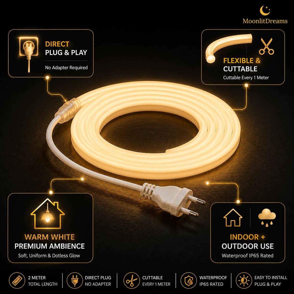 MoonlitDreams 2M Neon LED Strip Light 240 LEDs (120 LED/M) – 10mm Thick, 2X Bright, Direct Plug 220V No Adapter, Waterproof Flexible Rope Light for Home, Bedroom, Room Decor, DIY & Party (Warm White)