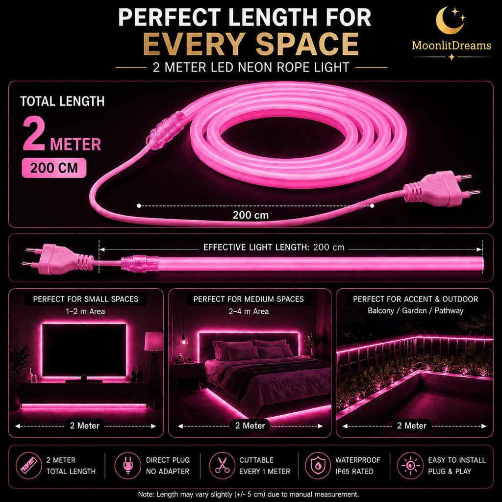 MoonlitDreams 2M Neon LED Strip Light 240 LEDs (120 LED/M) – 10mm Thick, 2X Bright, Direct Plug 220V No Adapter, Waterproof Flexible Rope Light for Home, Bedroom, Room Decor, DIY & Party (Warm White)