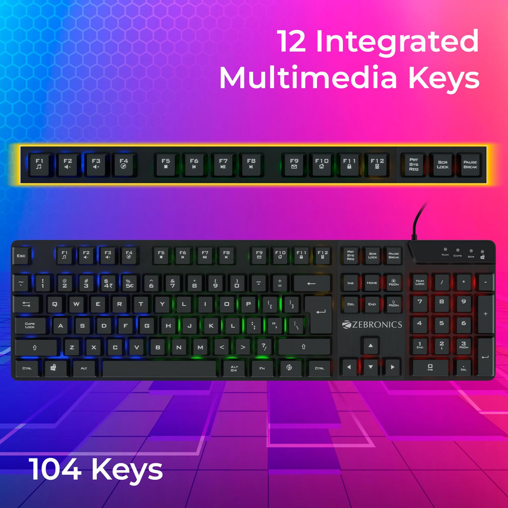 ZEBRONICS Optimus Gaming Keyboard & Mouse Combo, Braided Cable, Gold Plated USB, Upto 3600 DPI, 6 Buttons, High Resolution Sensor, Multicolor LED, Dedicated Macro Keys, 117 Keys (White)