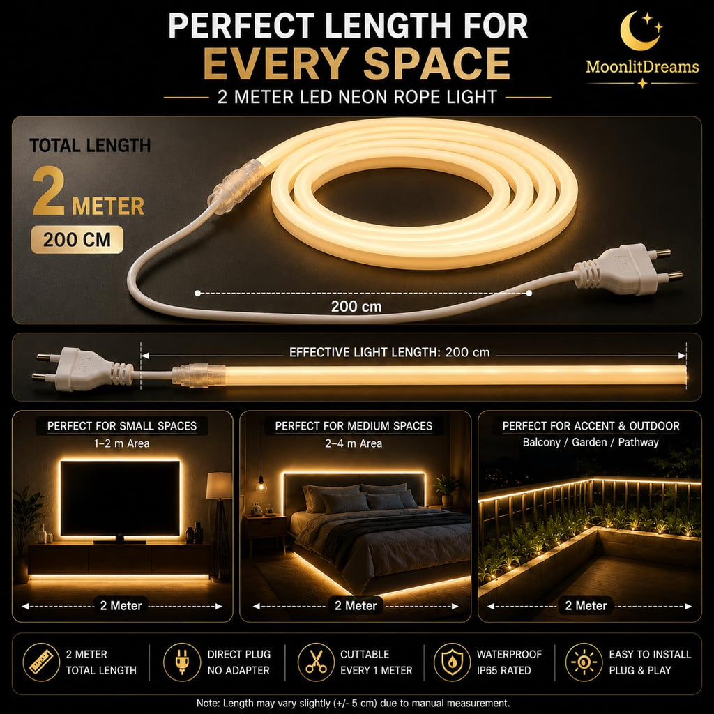 MoonlitDreams 2M Neon LED Strip Light 240 LEDs (120 LED/M) – 10mm Thick, 2X Bright, Direct Plug 220V No Adapter, Waterproof Flexible Rope Light for Home, Bedroom, Room Decor, DIY & Party (Warm White)