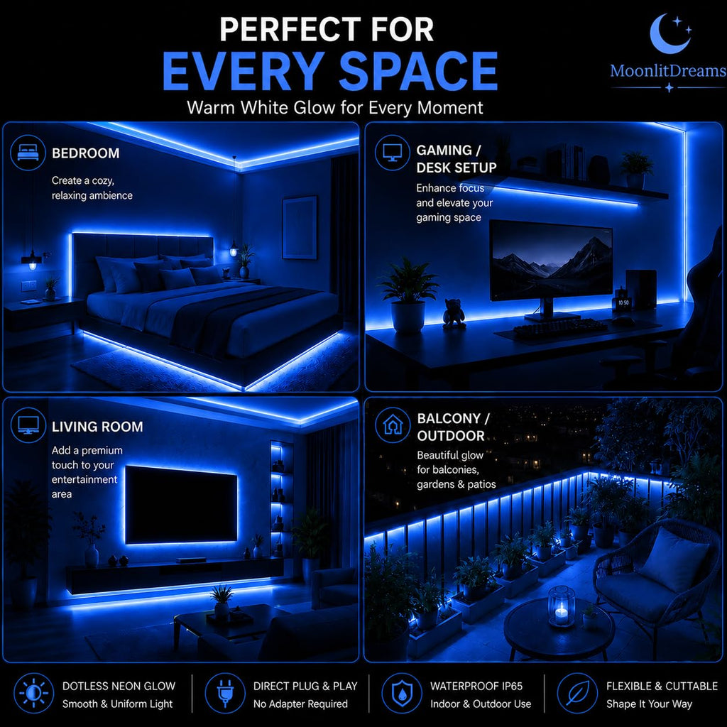 MoonlitDreams 2M Neon LED Strip Light 240 LEDs (120 LED/M) – 10mm Thick, 2X Bright, Direct Plug 220V No Adapter, Waterproof Flexible Rope Light for Home, Bedroom, Room Decor, DIY & Party (Warm White)