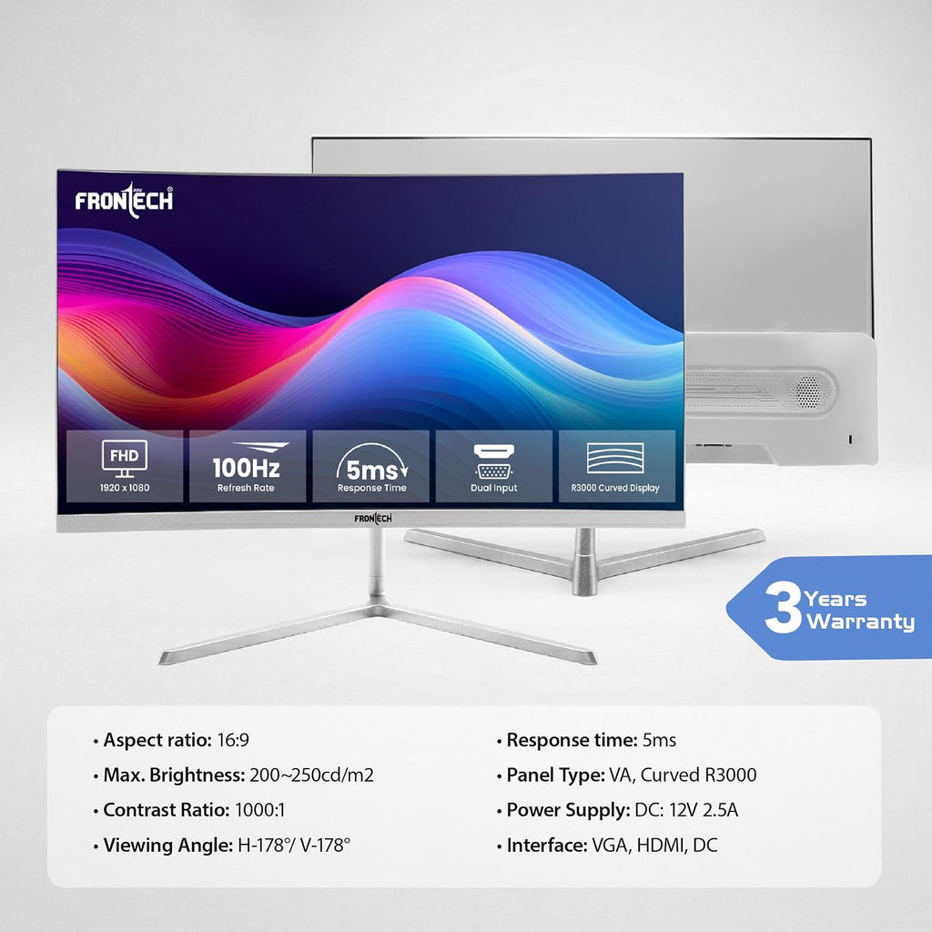 FRONTECH (54.61cm, LED, FHD 1920x1080,100Hz, White, 3500R Curved, Bezel Less Design, HDMI & VGA Ports Monitor (MON-0079C)