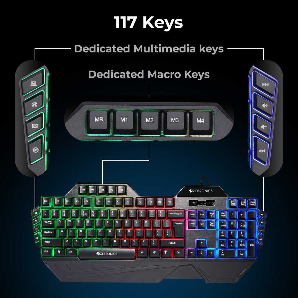 ZEBRONICS Optimus Gaming Keyboard & Mouse Combo, Braided Cable, Gold Plated USB, Upto 3600 DPI, 6 Buttons, High Resolution Sensor, Multicolor LED, Dedicated Macro Keys, 117 Keys (White)
