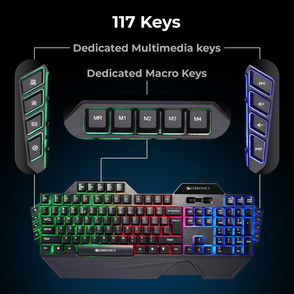 ZEBRONICS Optimus Gaming Keyboard & Mouse Combo, Braided Cable, Gold Plated USB, Upto 3600 DPI, 6 Buttons, High Resolution Sensor, Multicolor LED, Dedicated Macro Keys, 117 Keys (White)