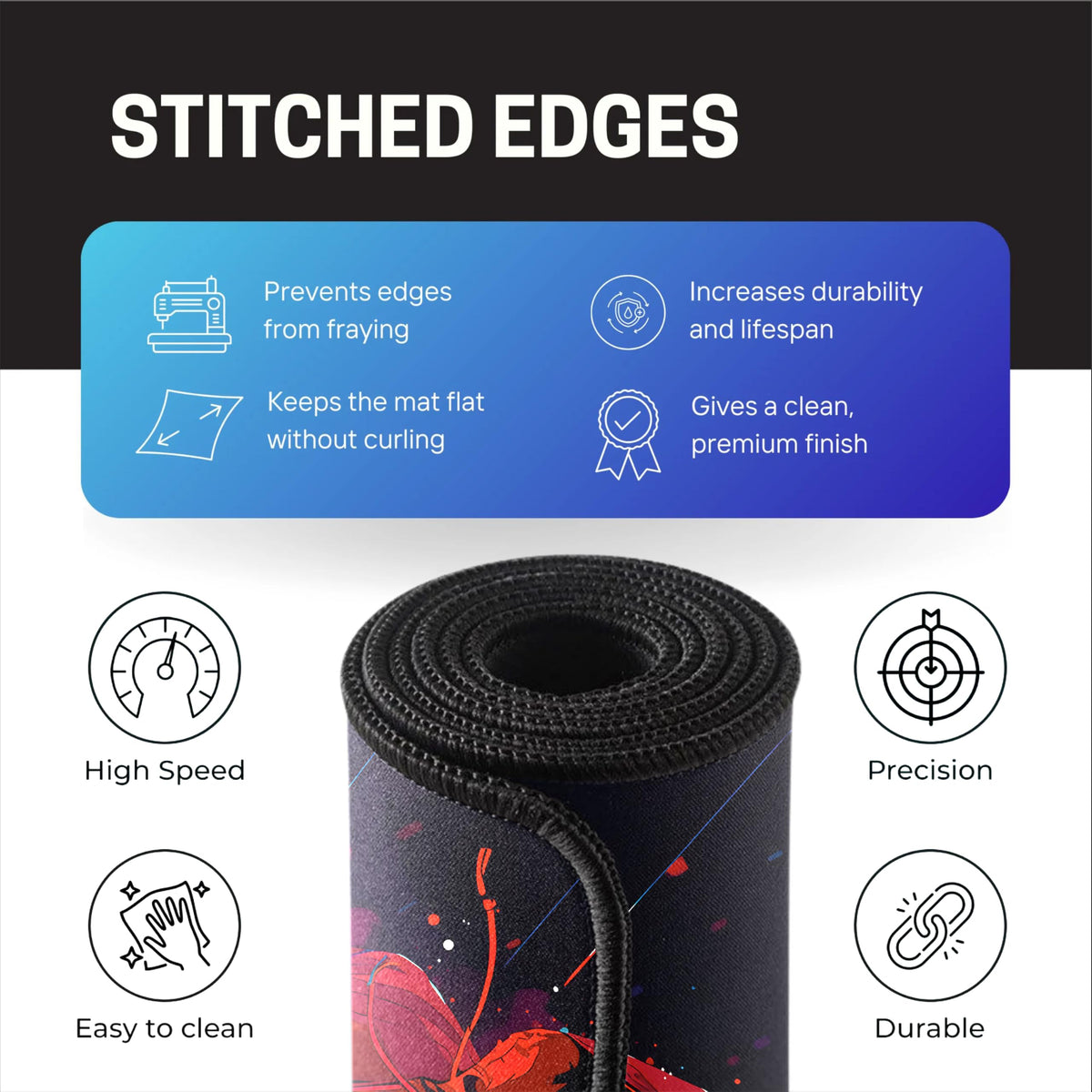 Black Minimalist Contour Line Gaming Mouse Pad, Large Desk Mat 58.5 x 28 cm, Extended Washable Mousepad, Desk Pad, 2mm Thick Non-Slip Rubber Base, Stitched Edges, Smooth Surface (Black/White)