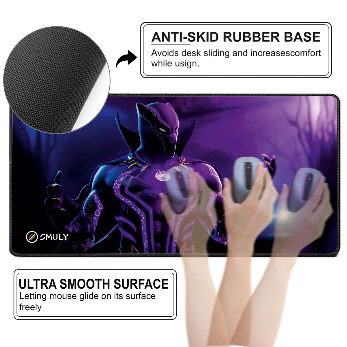 Black Minimalist Contour Line Gaming Mouse Pad, Large Desk Mat 58.5 x 28 cm, Extended Washable Mousepad, Desk Pad, 2mm Thick Non-Slip Rubber Base, Stitched Edges, Smooth Surface (Black/White)