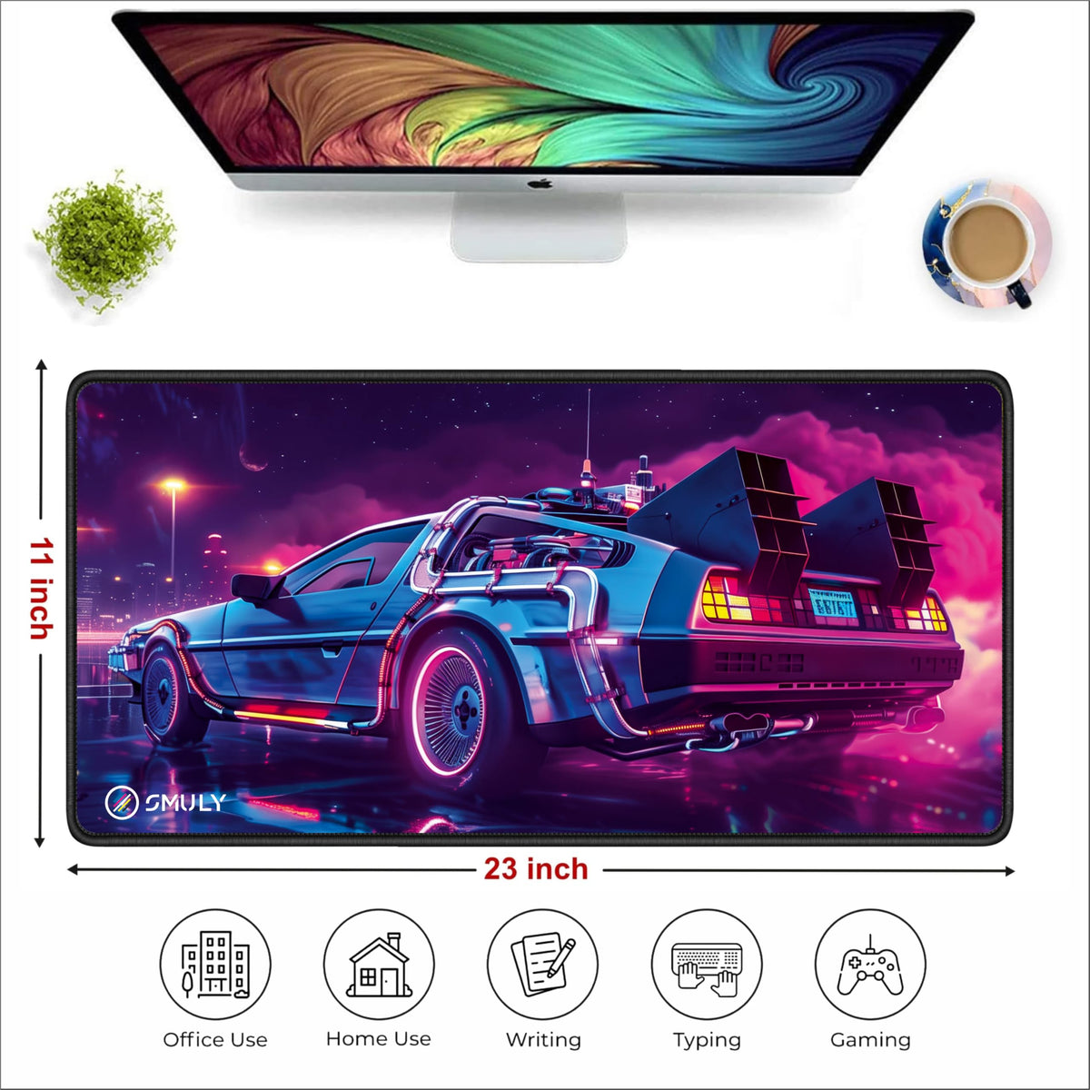 Black Minimalist Contour Line Gaming Mouse Pad, Large Desk Mat 58.5 x 28 cm, Extended Washable Mousepad, Desk Pad, 2mm Thick Non-Slip Rubber Base, Stitched Edges, Smooth Surface (Black/White)