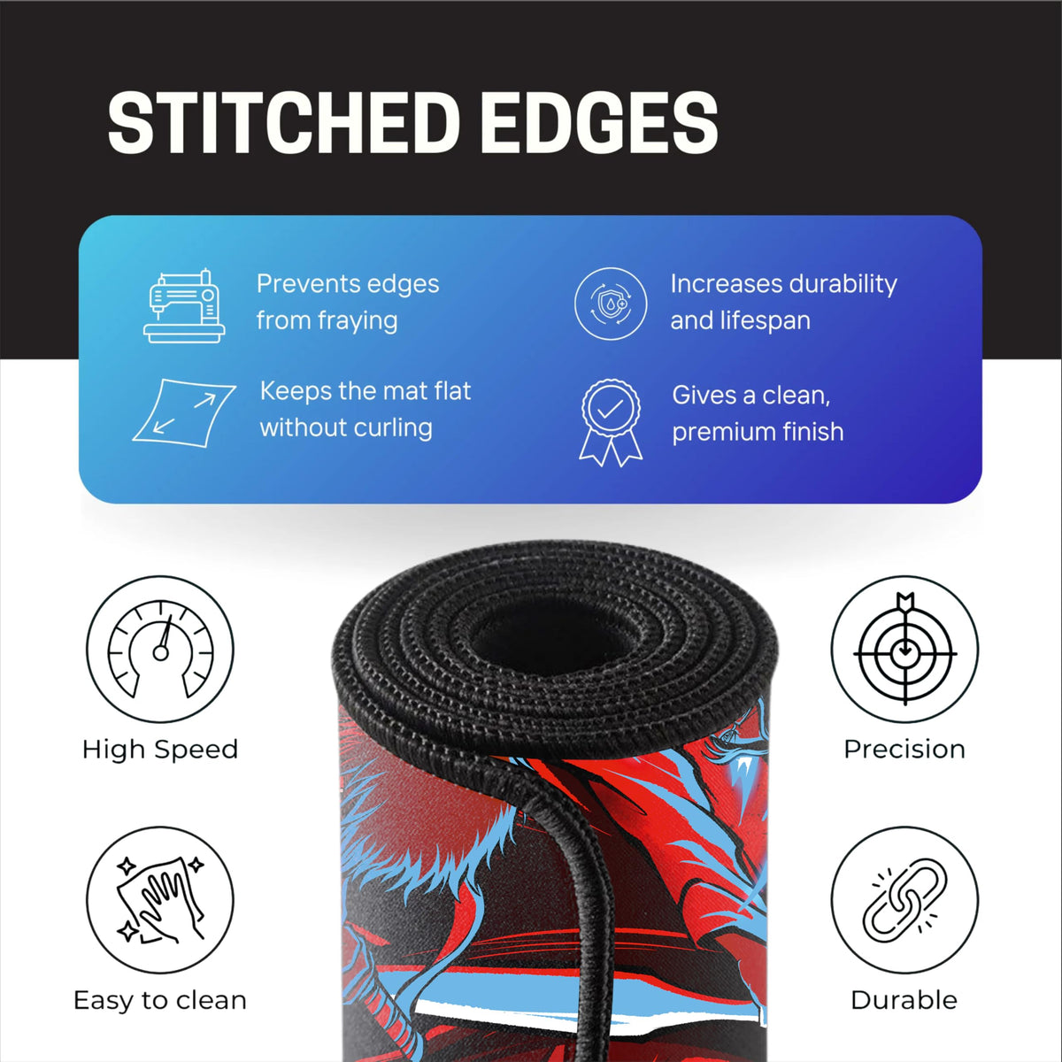 Black Minimalist Contour Line Gaming Mouse Pad, Large Desk Mat 58.5 x 28 cm, Extended Washable Mousepad, Desk Pad, 2mm Thick Non-Slip Rubber Base, Stitched Edges, Smooth Surface (Black/White)