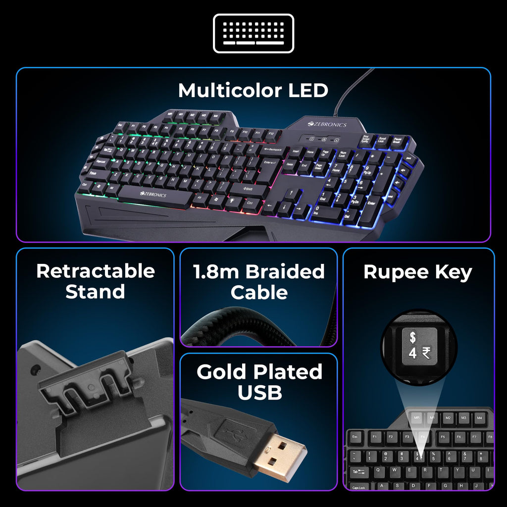 ZEBRONICS Optimus Gaming Keyboard & Mouse Combo, Braided Cable, Gold Plated USB, Upto 3600 DPI, 6 Buttons, High Resolution Sensor, Multicolor LED, Dedicated Macro Keys, 117 Keys (White)