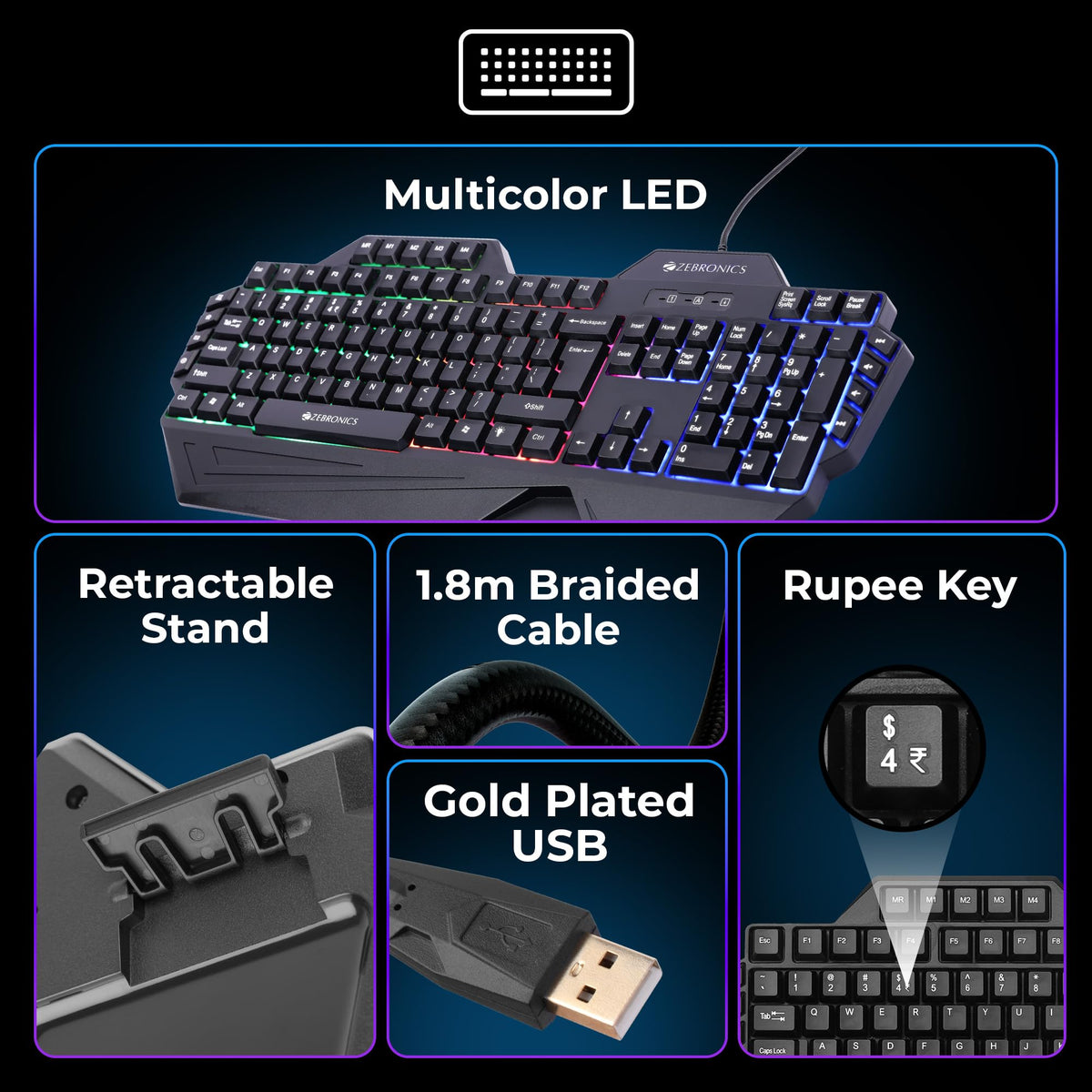 ZEBRONICS Optimus Gaming Keyboard & Mouse Combo, Braided Cable, Gold Plated USB, Upto 3600 DPI, 6 Buttons, High Resolution Sensor, Multicolor LED, Dedicated Macro Keys, 117 Keys (White)