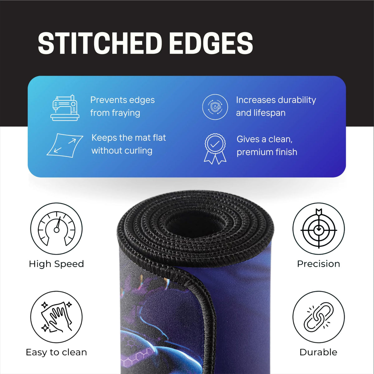 Black Minimalist Contour Line Gaming Mouse Pad, Large Desk Mat 58.5 x 28 cm, Extended Washable Mousepad, Desk Pad, 2mm Thick Non-Slip Rubber Base, Stitched Edges, Smooth Surface (Black/White)