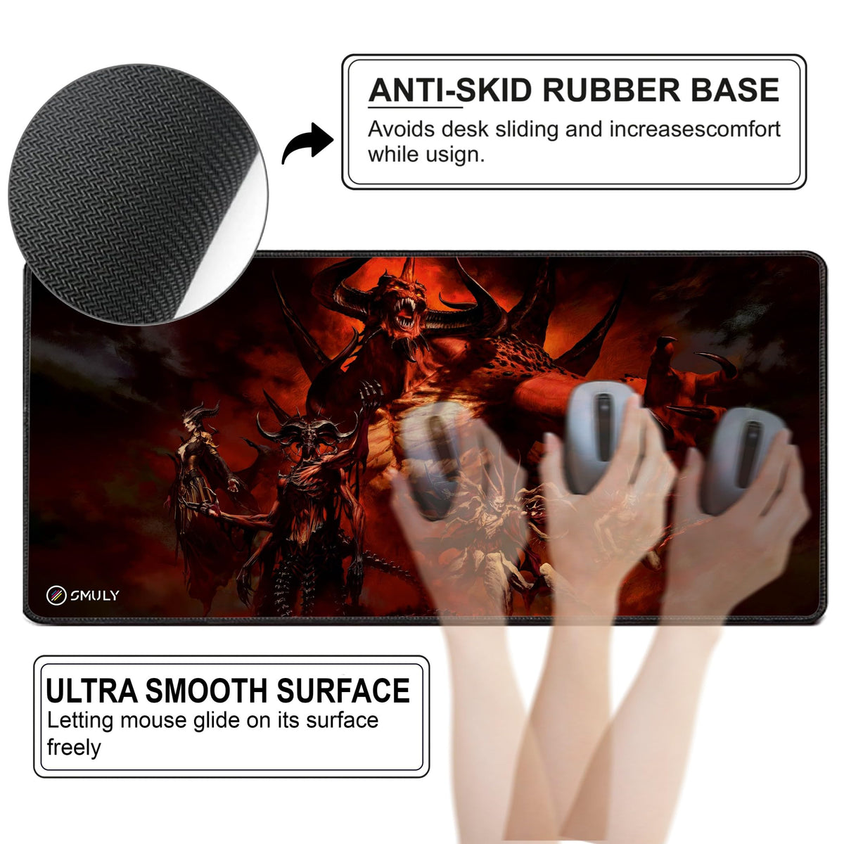Black Minimalist Contour Line Gaming Mouse Pad, Large Desk Mat 58.5 x 28 cm, Extended Washable Mousepad, Desk Pad, 2mm Thick Non-Slip Rubber Base, Stitched Edges, Smooth Surface (Black/White)