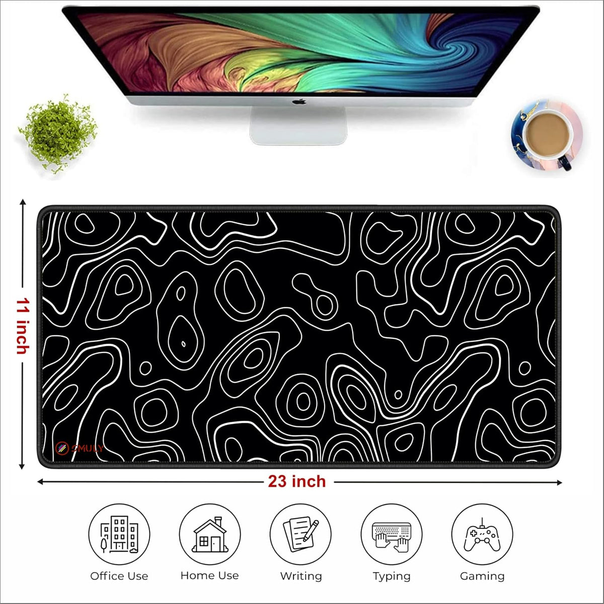 Black Minimalist Contour Line Gaming Mouse Pad, Large Desk Mat 58.5 x 28 cm, Extended Washable Mousepad, Desk Pad, 2mm Thick Non-Slip Rubber Base, Stitched Edges, Smooth Surface (Black/White)