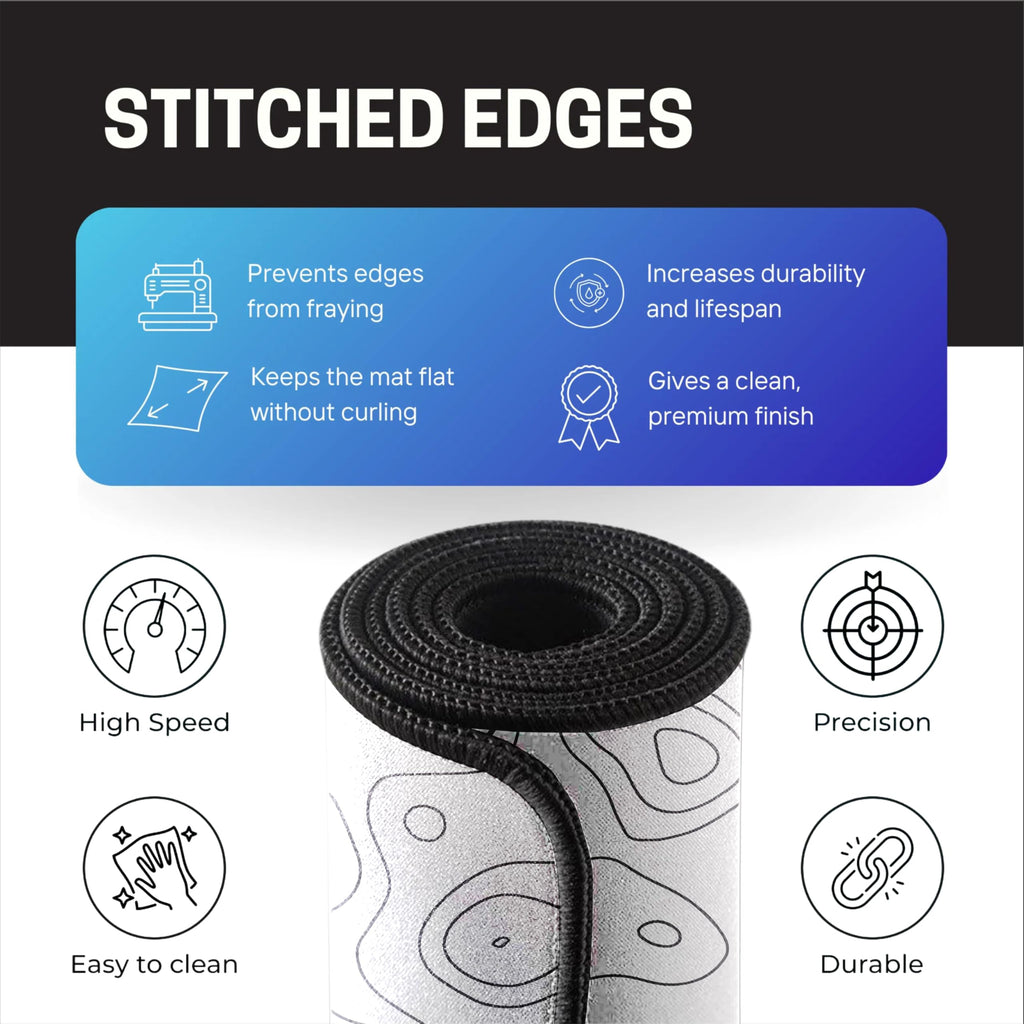 Black Minimalist Contour Line Gaming Mouse Pad, Large Desk Mat 58.5 x 28 cm, Extended Washable Mousepad, Desk Pad, 2mm Thick Non-Slip Rubber Base, Stitched Edges, Smooth Surface (Black/White)