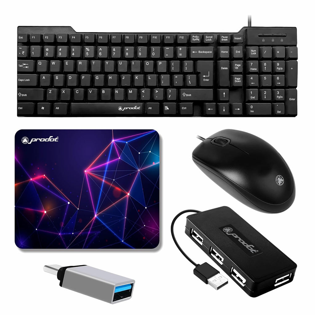 Prodot 5-in-1 Wired Combo Pack | Wired Keyboard + Comfy Optical Mouse + 4 in1 Port USB Hub + Type C OTG + Anti-Slip Mouse Pad | for Laptop/Desktop/Windows