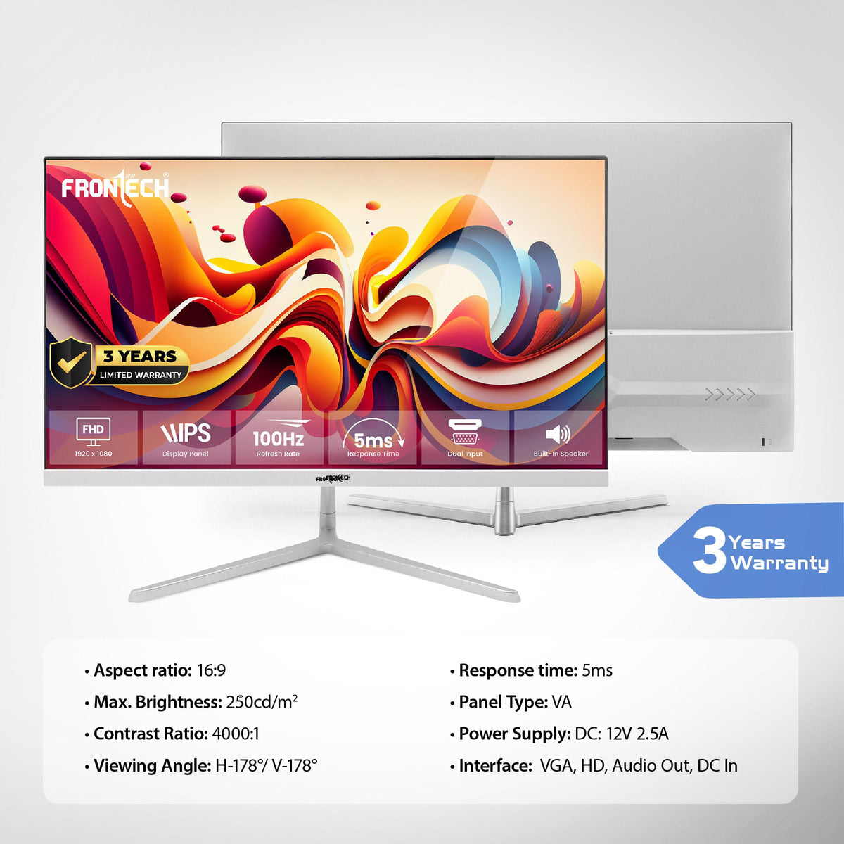 FRONTECH (54.61cm, LED, FHD 1920x1080,100Hz, White, 3500R Curved, Bezel Less Design, HDMI & VGA Ports Monitor (MON-0079C)