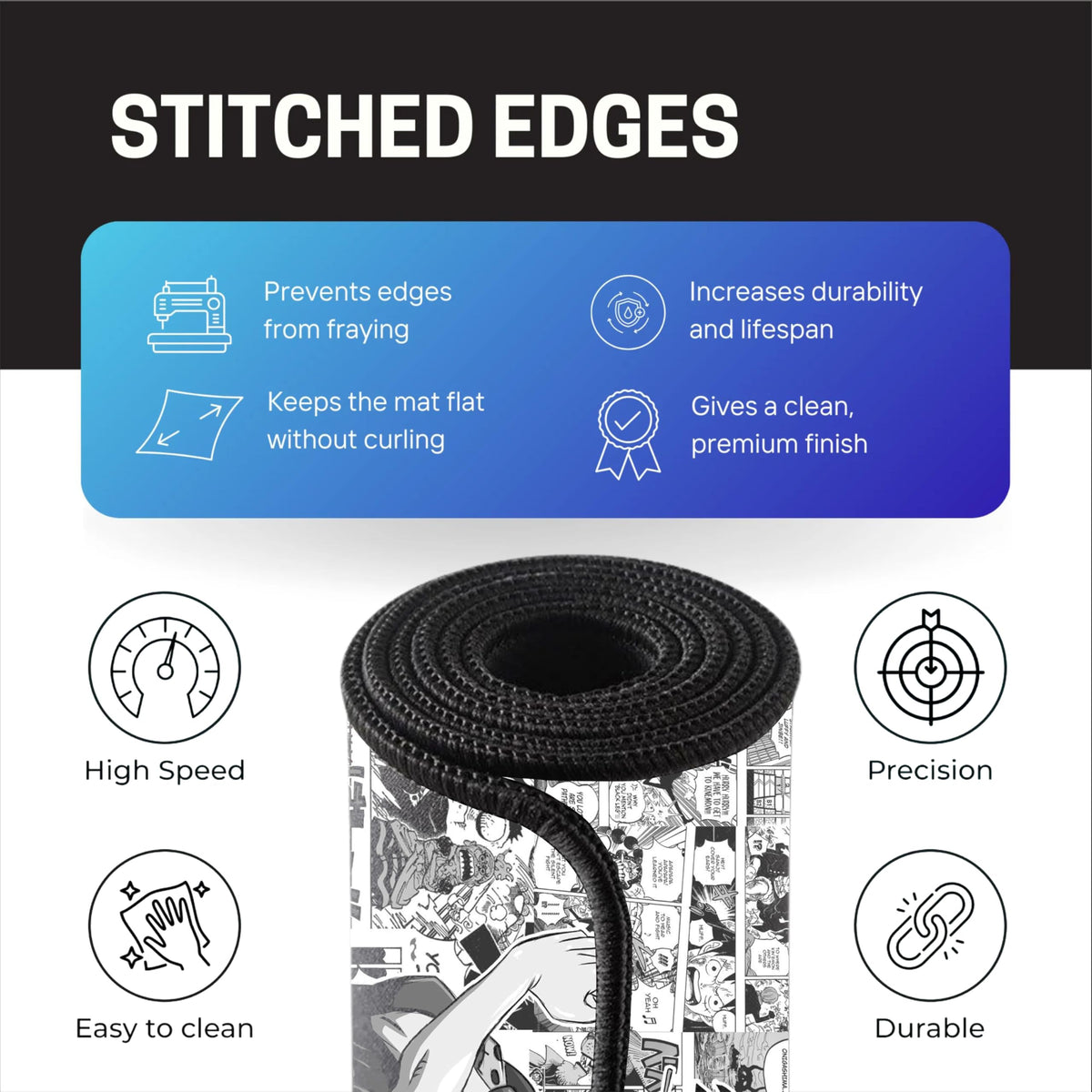 Black Minimalist Contour Line Gaming Mouse Pad, Large Desk Mat 58.5 x 28 cm, Extended Washable Mousepad, Desk Pad, 2mm Thick Non-Slip Rubber Base, Stitched Edges, Smooth Surface (Black/White)