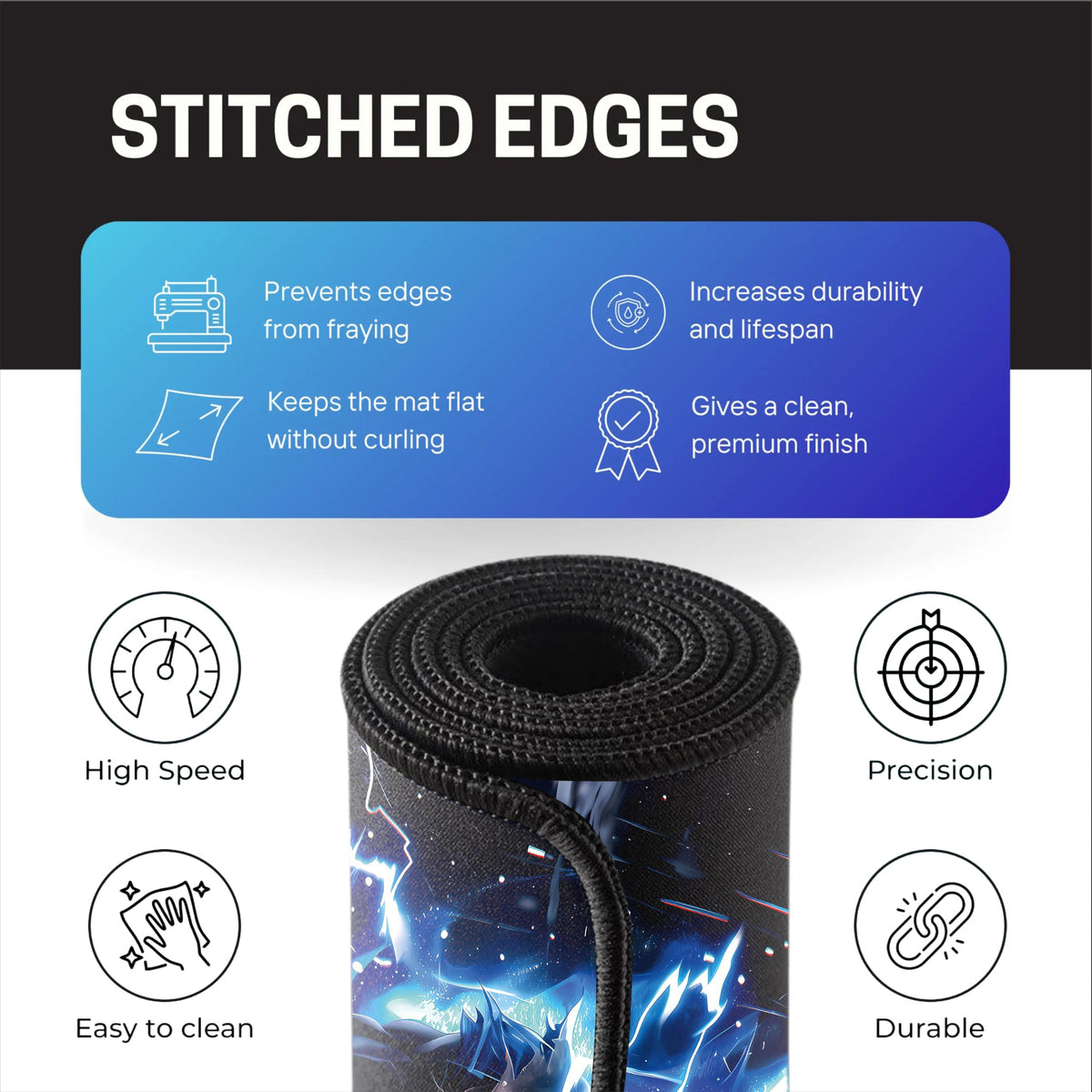 Black Minimalist Contour Line Gaming Mouse Pad, Large Desk Mat 58.5 x 28 cm, Extended Washable Mousepad, Desk Pad, 2mm Thick Non-Slip Rubber Base, Stitched Edges, Smooth Surface (Black/White)