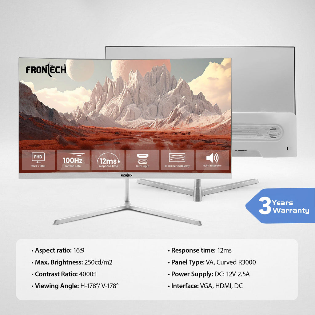 FRONTECH (54.61cm, LED, FHD 1920x1080,100Hz, White, 3500R Curved, Bezel Less Design, HDMI & VGA Ports Monitor (MON-0079C)