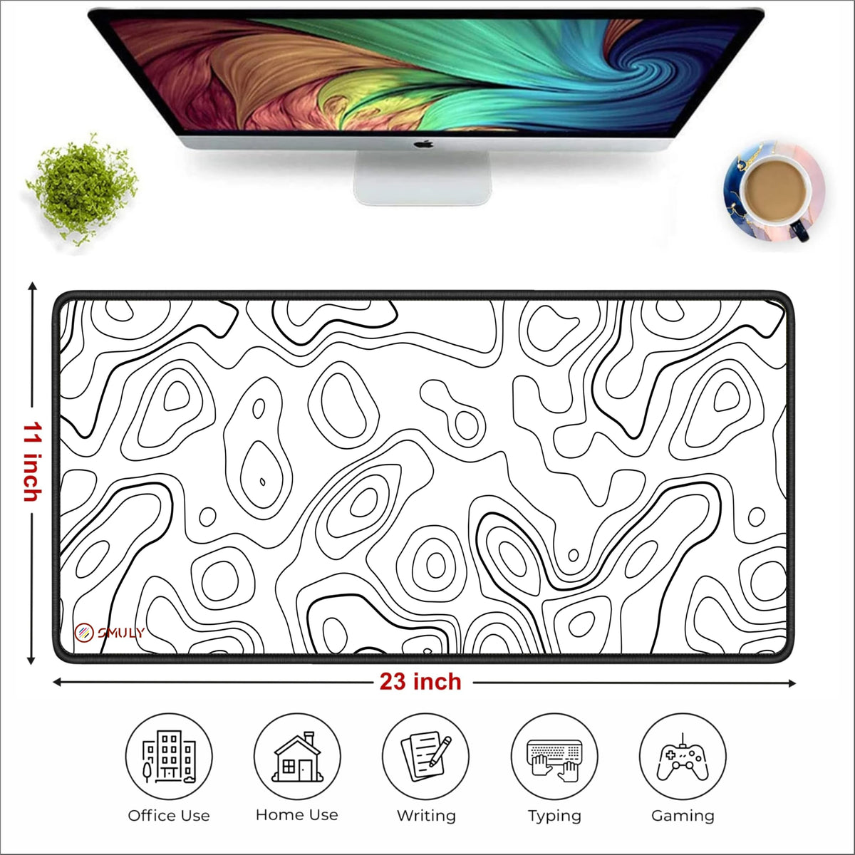 Black Minimalist Contour Line Gaming Mouse Pad, Large Desk Mat 58.5 x 28 cm, Extended Washable Mousepad, Desk Pad, 2mm Thick Non-Slip Rubber Base, Stitched Edges, Smooth Surface (Black/White)