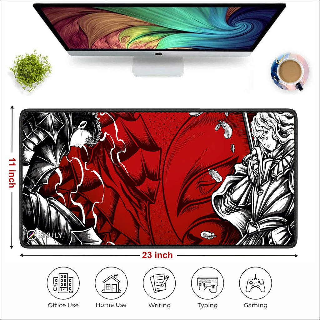 Black Minimalist Contour Line Gaming Mouse Pad, Large Desk Mat 58.5 x 28 cm, Extended Washable Mousepad, Desk Pad, 2mm Thick Non-Slip Rubber Base, Stitched Edges, Smooth Surface (Black/White)