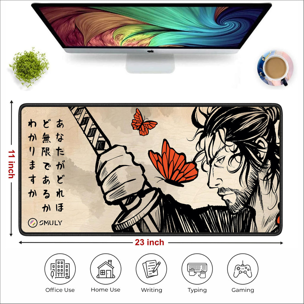 Black Minimalist Contour Line Gaming Mouse Pad, Large Desk Mat 58.5 x 28 cm, Extended Washable Mousepad, Desk Pad, 2mm Thick Non-Slip Rubber Base, Stitched Edges, Smooth Surface (Black/White)