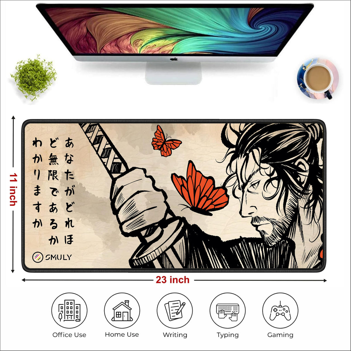 Black Minimalist Contour Line Gaming Mouse Pad, Large Desk Mat 58.5 x 28 cm, Extended Washable Mousepad, Desk Pad, 2mm Thick Non-Slip Rubber Base, Stitched Edges, Smooth Surface (Black/White)