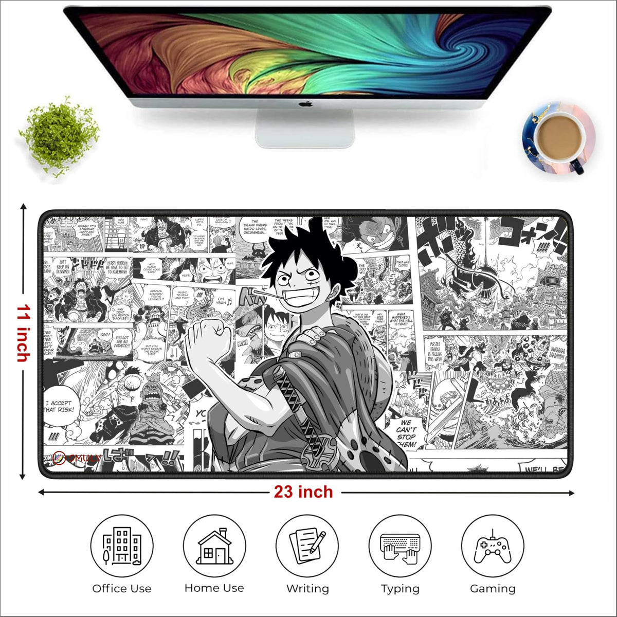 Black Minimalist Contour Line Gaming Mouse Pad, Large Desk Mat 58.5 x 28 cm, Extended Washable Mousepad, Desk Pad, 2mm Thick Non-Slip Rubber Base, Stitched Edges, Smooth Surface (Black/White)
